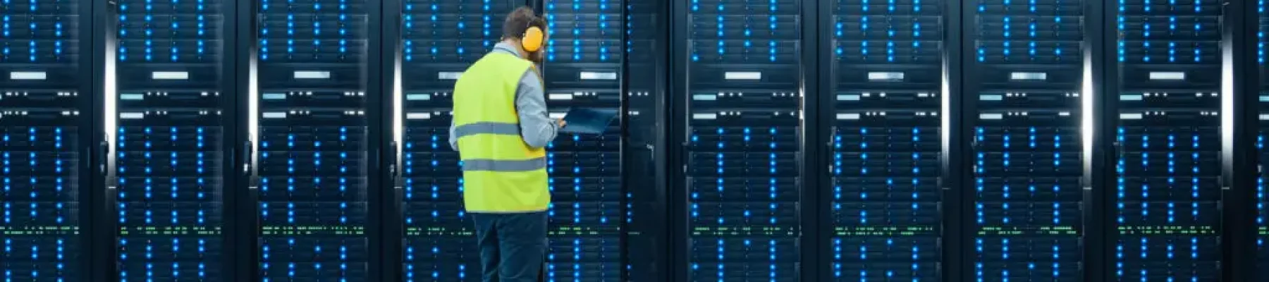 Shot of an IT Engineer in High Visibility Vest and Headphones Working on Laptop in Data Center while Standing Before Server Rack. Running Diagnostics or Doing Maintenance Work.